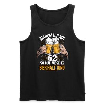 Pourquoi est-ce que j’ai l’air si bien à 62 ans ? La bière vous garde jeune - Débardeur bio Premium Homme - noir - Devant - AI Model Male 178 light (178cm)