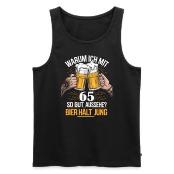 Pourquoi est-ce que j’ai l’air si bien à 65 ans ? La bière vous garde jeune - Débardeur bio Premium Homme - noir - Devant - AI Model Male 178 light (178cm)