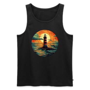 Phare au coucher du soleil, Romantique - Débardeur bio Premium Homme - noir - Devant - Michal (187cm)