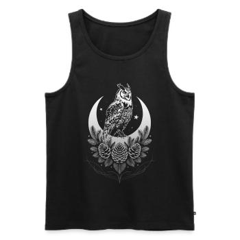 Owl with crescent moon, fir tree and cone - Men's Premium Organic Tank Top - black - Front - AI Model Male 178 light (178cm)