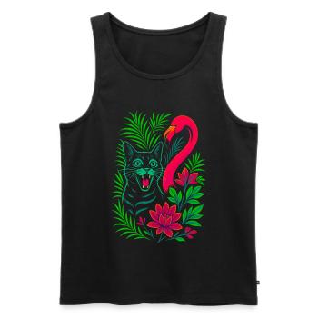Tropical Cat & Flamingo - Summer 2025 - Men's Premium Organic Tank Top - black - Front - AI Model Male 178 light (178cm)