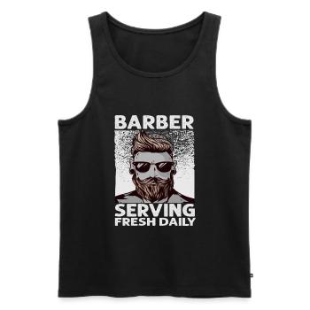 Barbier servant frais tous les jours - Coupe de cheveux - Drôle - Bea - Débardeur bio Premium Homme - noir - Devant - AI Model Male 178 light (178cm)