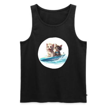 Chien et chat surfeurs - Débardeur bio Premium Homme - noir - Devant - AI Model Male 178 light (178cm)