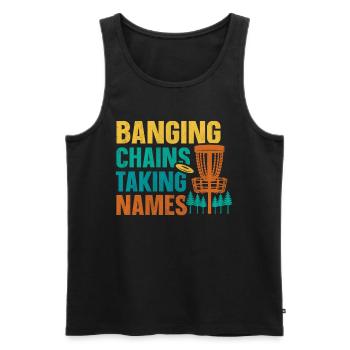 Retro Sunset Banging Chains prend des noms Disc Golf - Débardeur bio Premium Homme - noir - Devant - Michal (187cm)