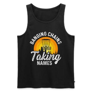Retro Sunset Banging Chains prend des noms Disc Golf - Débardeur bio Premium Homme - noir - Devant - Michal (187cm)