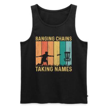 Retro Sunset Banging Chains prend des noms Disc Golf - Débardeur bio Premium Homme - noir - Devant - Michal (187cm)