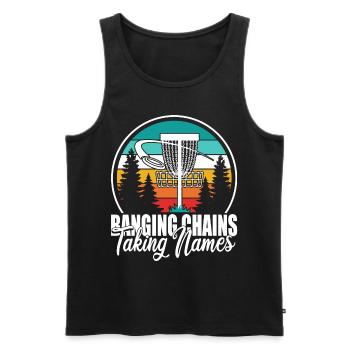 Retro Sunset Banging Chains prend des noms Disc Golf - Débardeur bio Premium Homme - noir - Devant - Michal (187cm)