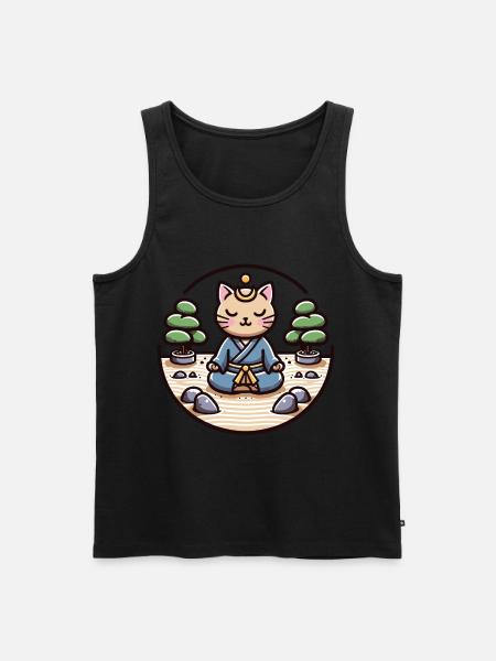 Chat samouraï serein dans un jardin zen - Débardeur bio Premium Homme - noir
