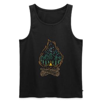 Feu de camp camping avec tente en plein air dans la forêt d'arbres - Débardeur bio Premium Homme - noir - Devant - AI Model Male 178 light (178cm)