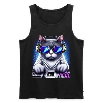 Cat DJ mit Kopfhörern und Brille auf Synthetizer - Männer Premium Bio Tank Top - Schwarz - Vorne - AI Model Male 178 light (178cm)