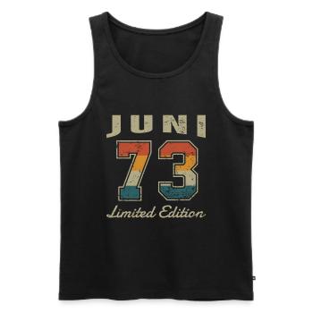 Date de naissance : Juin 1973 - Edition Limitée Rétro - Débardeur bio Premium Homme - noir - Devant - AI Model Male 178 light (178cm)