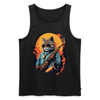 Chat drôle jouant de la musique de saxophone - Débardeur bio Premium Homme - noir - Devant - Michal (187cm)