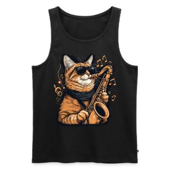 Chat drôle jouant des notes de musique de saxophone graphique - Débardeur bio Premium Homme - noir - Devant - AI Model Male 178 light (178cm)