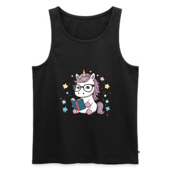 Licorne kawaii avec lunettes et livre - Débardeur bio Premium Homme - noir - Devant - Michal (187cm)