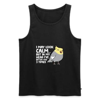 Dans ma tête, je t’ai mordu 3 fois cockatiel drôle - Débardeur bio Premium Homme - noir - Devant - Michal (187cm)