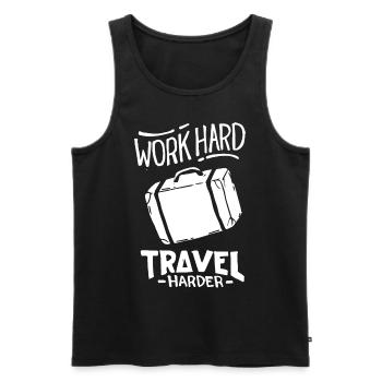 Work hard, but travel harder! - Men's Premium Organic Tank Top - black - Front - Michal (187cm)