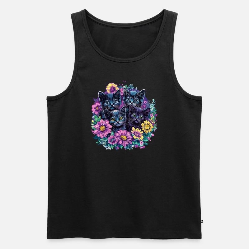 Schwarze Kätzchen mit Blumen - Männer Premium Bio Tank Top - Schwarz
