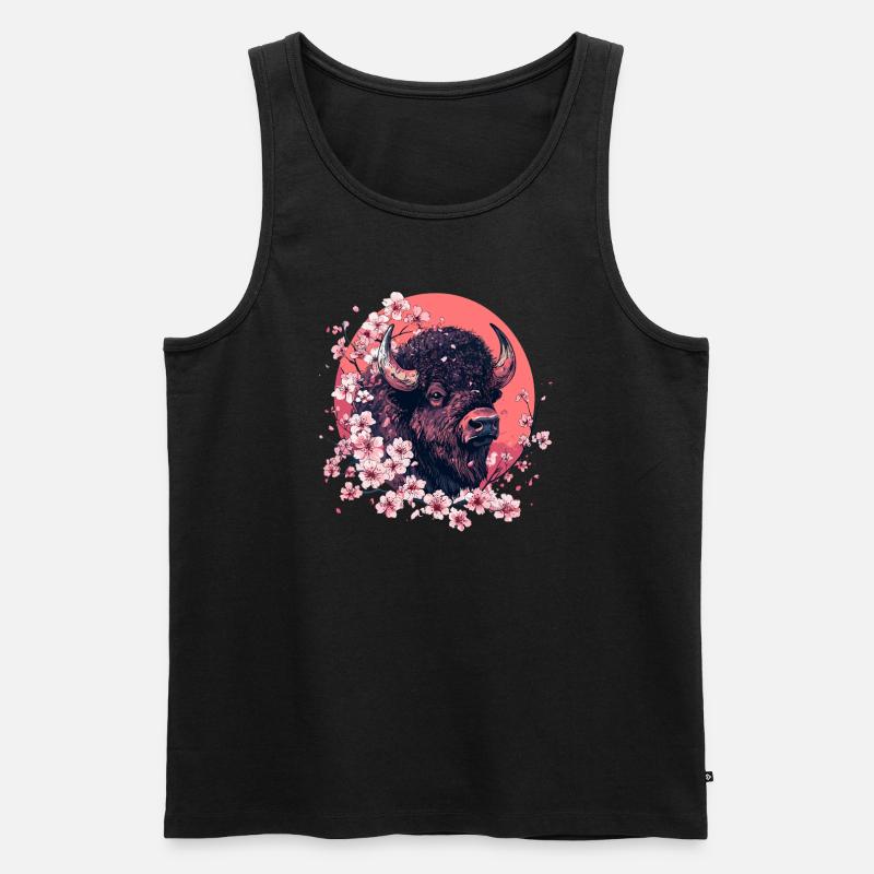 Bison mit Kirschblüten - Männer Premium Bio Tank Top - Schwarz