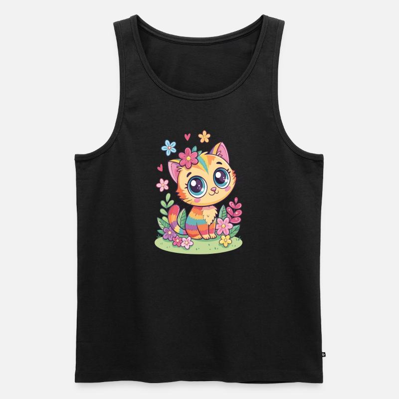 Regenbogen Katze mit Blumen - Männer Premium Bio Tank Top - Schwarz