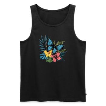 Papillon tropical avec des fleurs - Débardeur bio Premium Homme - noir - Devant - AI Model Male 178 light (178cm)