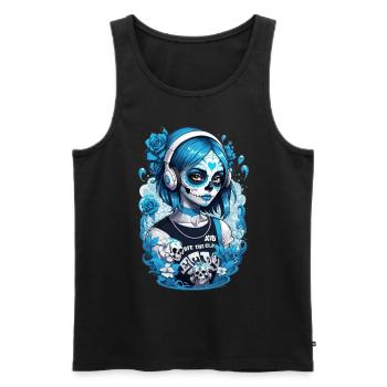 Sugar Skull Girl with Headphones and Blue Roses - Men's Premium Organic Tank Top - black - Front - AI Model Male 178 light (178cm)