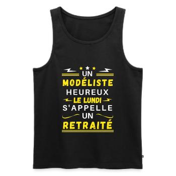 Un modéliste heureux le lundi s'appelle retraité - Débardeur bio Premium Homme - noir - Devant - Michal (187cm)