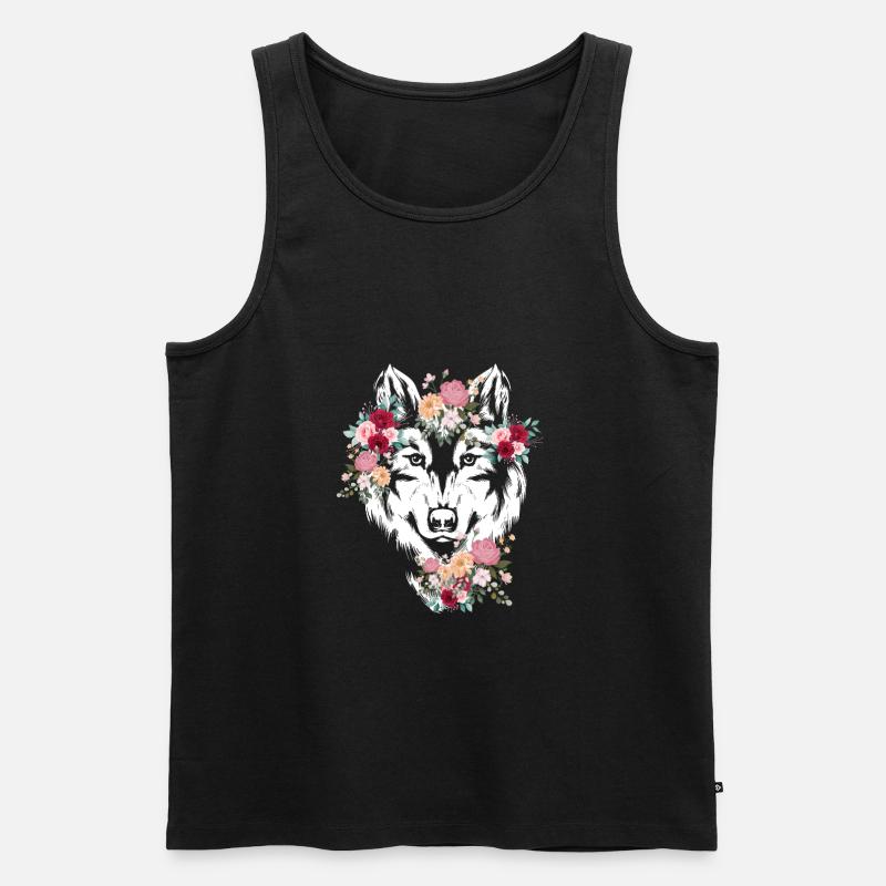 Wolf Wolfskopf Blumen Deko - Männer Premium Bio Tank Top - Schwarz
