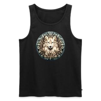Loup Blanc, Fleurs, Style Verre Plombé, Animaux, Chien - Débardeur bio Premium Homme - noir - Devant - AI Model Male 178 light (178cm)