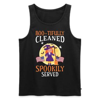 Boo-tifully Cleaned Spookily Served Halloween - Men's Premium Organic Tank Top - black - Front - AI Model Male 178 light (178cm)