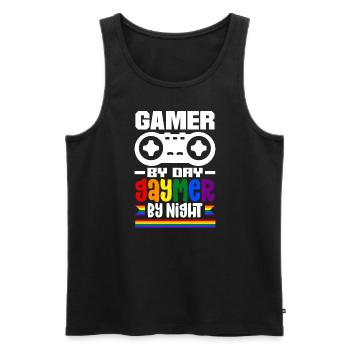 Gamer by day Gaymer by night Rainbow Pride LGBTQ+ - Männer Premium Bio Tank Top - Schwarz - Vorne - Michal (187cm)