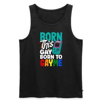 Né ce gay né à Gayme - Débardeur bio Premium Homme - noir - Devant - AI Model Male 178 light (178cm)