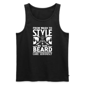 Du lavage au style, nous prenons le soin de la barbe au sérieux - Débardeur bio Premium Homme - noir - Devant - AI Model Male 178 light (178cm)