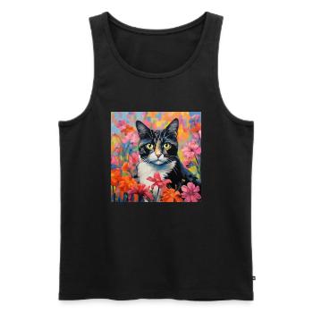 chat, motif de chat, fleurs, cadeau, idée cadeau - Débardeur bio Premium Homme - noir - Devant - Michal (187cm)