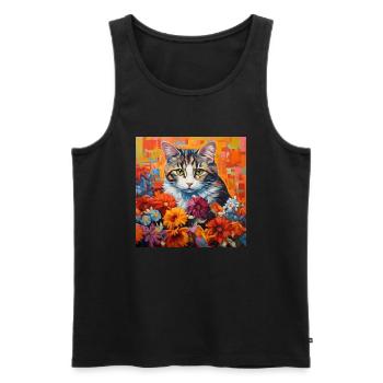 chat, motif de chat, fleurs, cadeau, idée cadeau - Débardeur bio Premium Homme - noir - Devant - Michal (187cm)