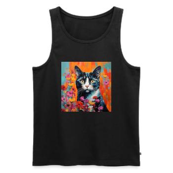 chat, motif de chat, fleurs, cadeau, idée cadeau - Débardeur bio Premium Homme - noir - Devant - Michal (187cm)