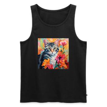 chat, motif de chat, fleurs, cadeau, idée cadeau - Débardeur bio Premium Homme - noir - Devant - Michal (187cm)