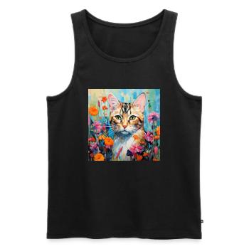 chat, motif de chat, fleurs, cadeau, idée cadeau - Débardeur bio Premium Homme - noir - Devant - Michal (187cm)