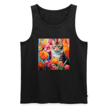 chat, motif de chat, fleurs, cadeau, idée cadeau - Débardeur bio Premium Homme - noir - Devant - Michal (187cm)