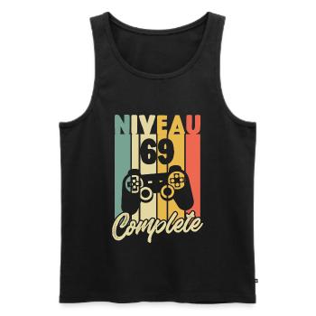 Niveau 69 complete, Cadeau Anniversaire 69 ans - Débardeur bio Premium Homme - noir - Devant - AI Model Male 178 light (178cm)