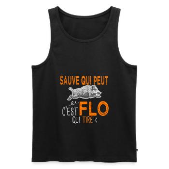 c'est Flo qui tire Humour Chaseur Florian Florent - Débardeur bio Premium Homme - noir - Devant - AI Model Male 178 light (178cm)