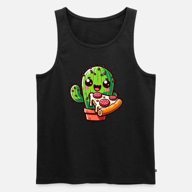 Kawaii Kaktus mit Pizza, Comic-Stil - Männer Premium Bio Tank Top - Schwarz