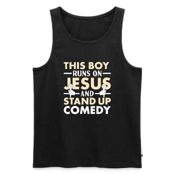 Un comédien s’appuie sur Jésus et fait du stand-up - Débardeur bio Premium Homme - noir - Devant - Michal (187cm)
