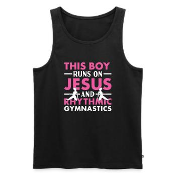 Un garçon gymnaste court sur Jésus et la gymnastique rythmique - Débardeur bio Premium Homme - noir - Devant - Michal (187cm)