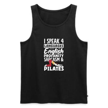 Je parle 4 langues : Anglais, Sarcasme, Pilates - Débardeur bio Premium Homme - noir - Devant - Michal (187cm)