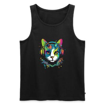 Chat portant des écouteurs illustration colorée - Débardeur bio Premium Homme - noir - Devant - AI Model Male 178 light (178cm)