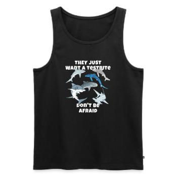 Espèces de requins : Requin bleu, Requin tigre, Requin marteau - Débardeur bio Premium Homme - noir - Devant - AI Model Male 178 light (178cm)