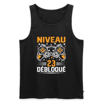 Niveau 23 débloqué / Anniversaire 23 ans gamer - Débardeur bio Premium Homme - noir - Devant - Michal (187cm)