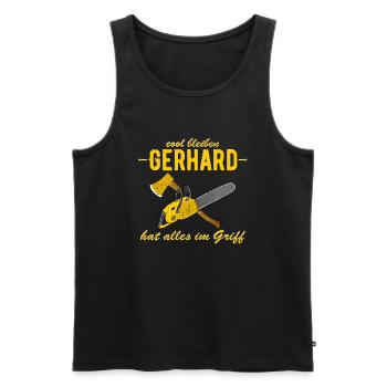 Gerhard hat alles im Griff - cool bleiben - Männer Premium Bio Tank Top - Schwarz - Vorne - AI Model Male 178 light (178cm)