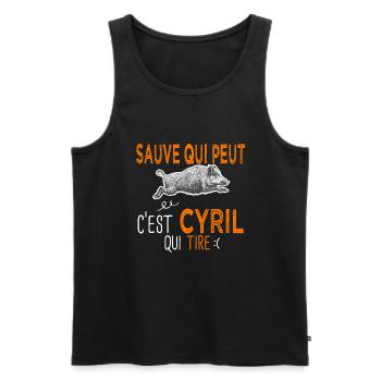 Cyril c est cyril qui tire Humour Chasseur - Débardeur bio Premium Homme - noir - Devant - Michal (187cm)