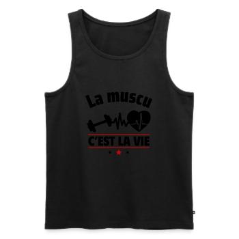 la muscu c est la vie,Musculation,muscu - Débardeur bio Premium Homme - noir - Devant - AI Model Male 178 light (178cm)